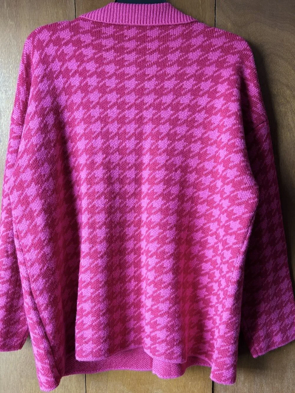 Houndstooth Print Hot Pink Cardigan Chic Sweater Jacket Large
